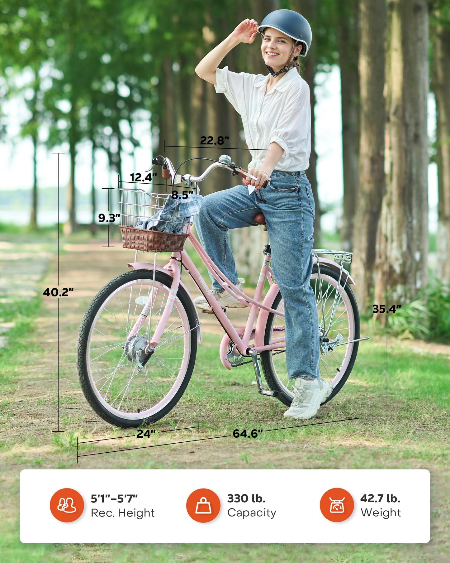 Viribus Beach Cruiser Bike for Women, Step Through Bike with Ratten Basket, Rack & Lock, 24 inch 1 Speed, City Commuter Cruiser Bike, Adult Bicycle for Short Ladies Female Seniors 330 lb. Pink