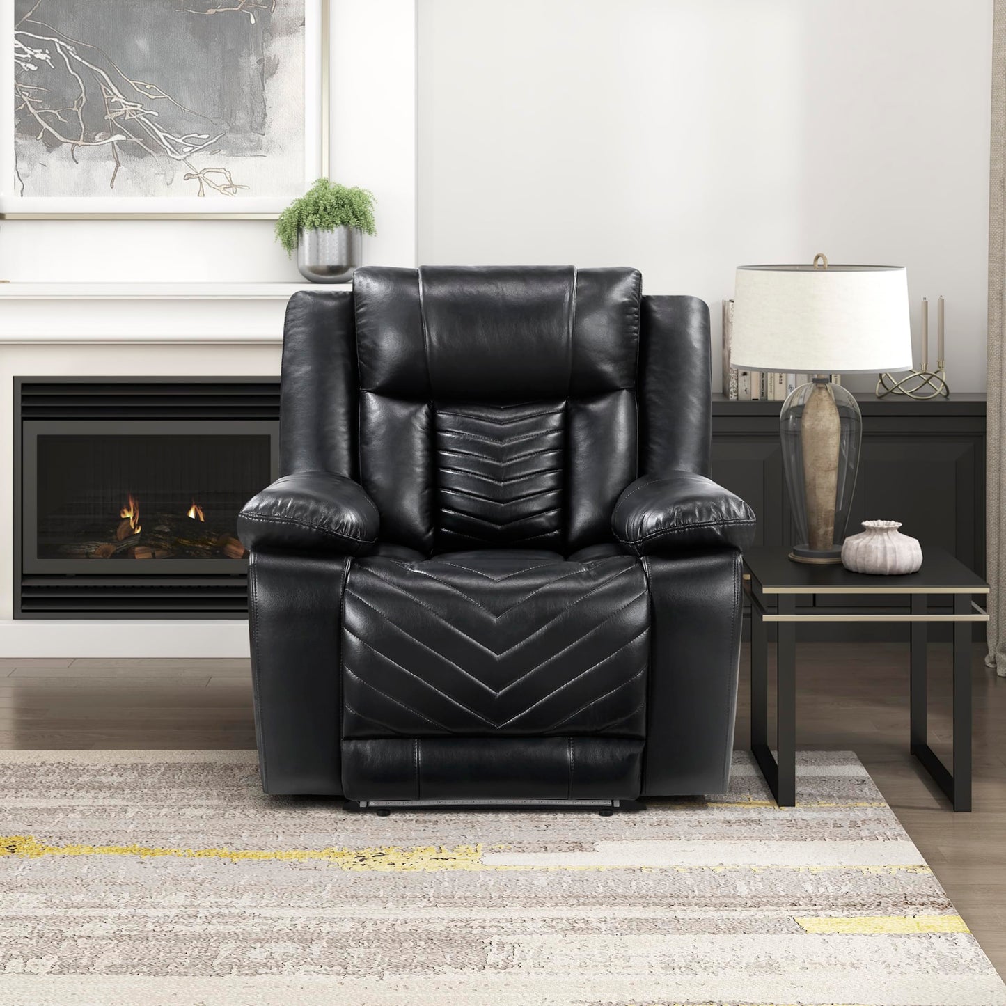 Lexicon Power Recliner Chair, Faux Leather Upholstered Home Theater Seating with LED Lighting, USB Charging Ports, Single Wall Hugger Reclining Chair for Living Room/Bedroom Easy Assembly, Black