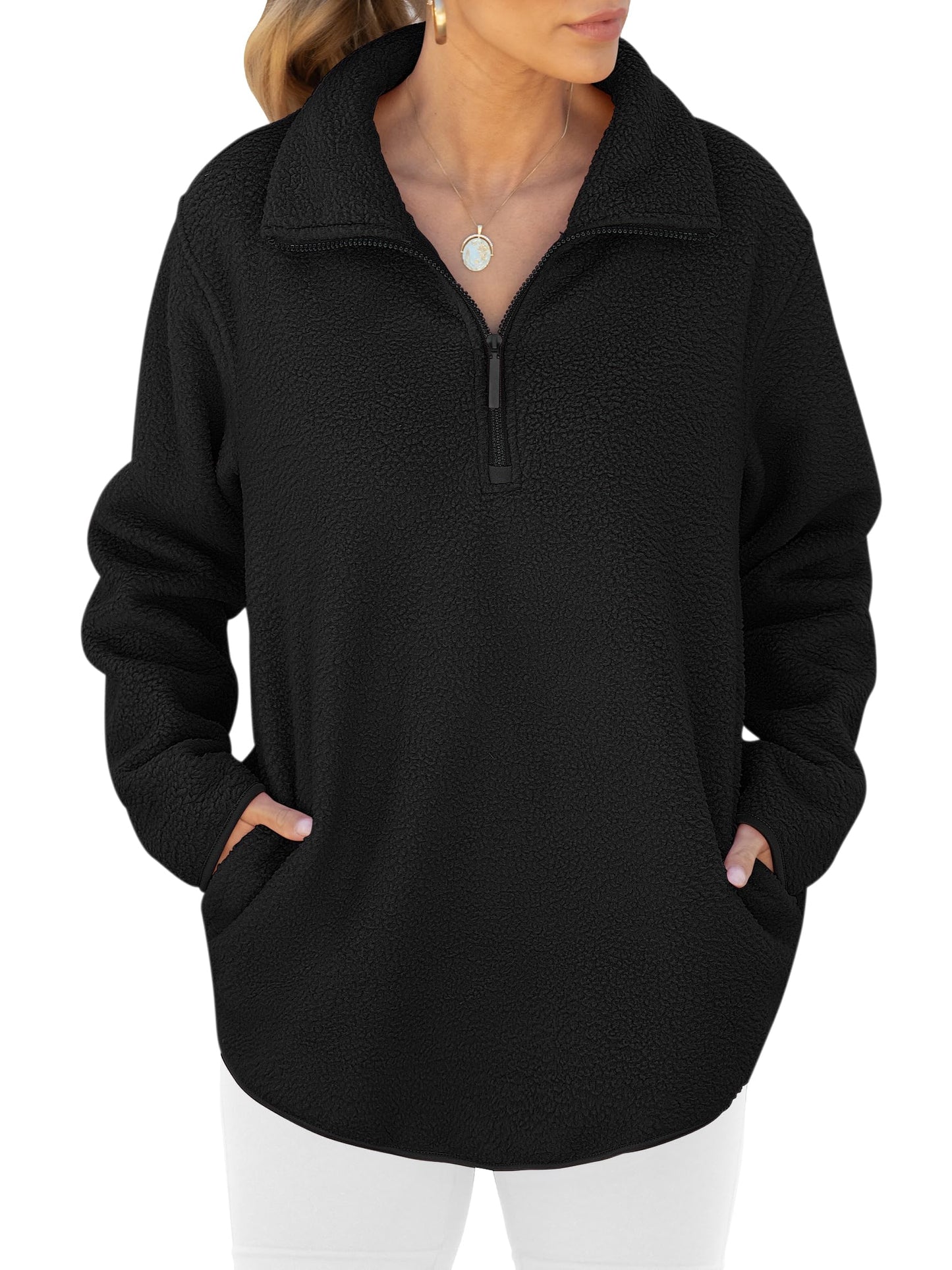 ANRABESS Women Oversized Sherpa Fleece Half Zipper Sweatshirts Fuzzy Collared Quarter Zip Pullover 2024 Fall Winter Clothes Black Small