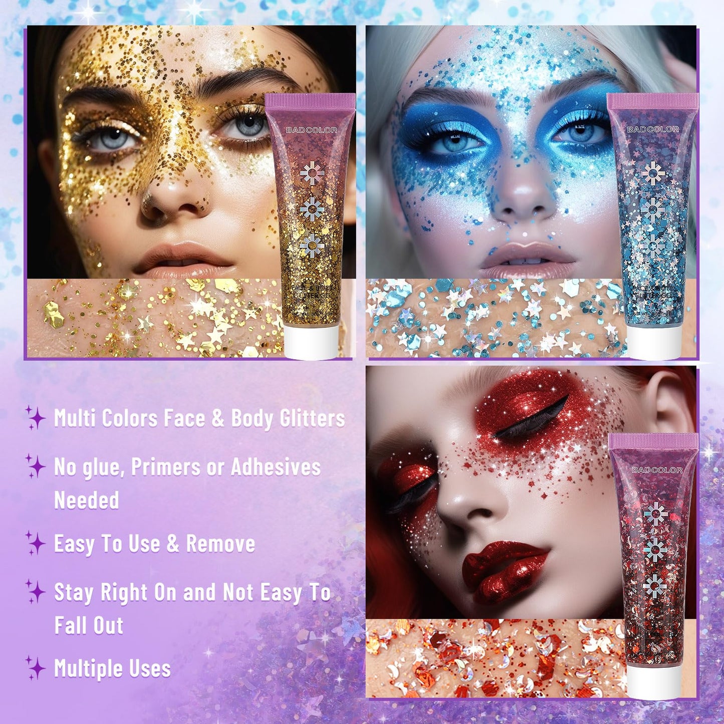 BADCOLOR Gold Blue Red Face Body Glitter Set, Holographic Shimmer Chunky Glitters for Hair Nails Eye Lips, Music Festival Concert Rave Accessories Party, Sparkling Mermaid Sequins Gel Makeup Kit