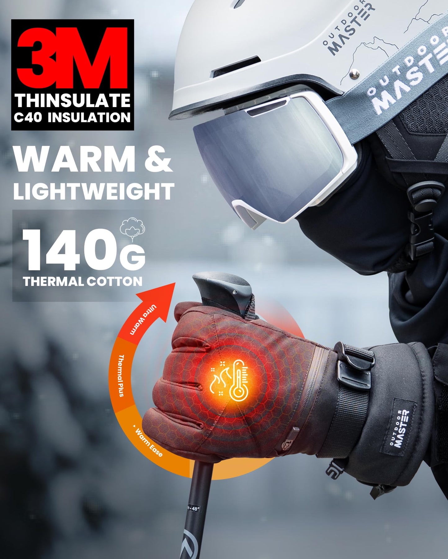 OutdoorMaster Ski Snow Gloves for Women & Men, 3M Thinsulate Waterproof Snowboard Gloves, Winter Warm Windproof Snowmobile Gloves with Double-Pocket