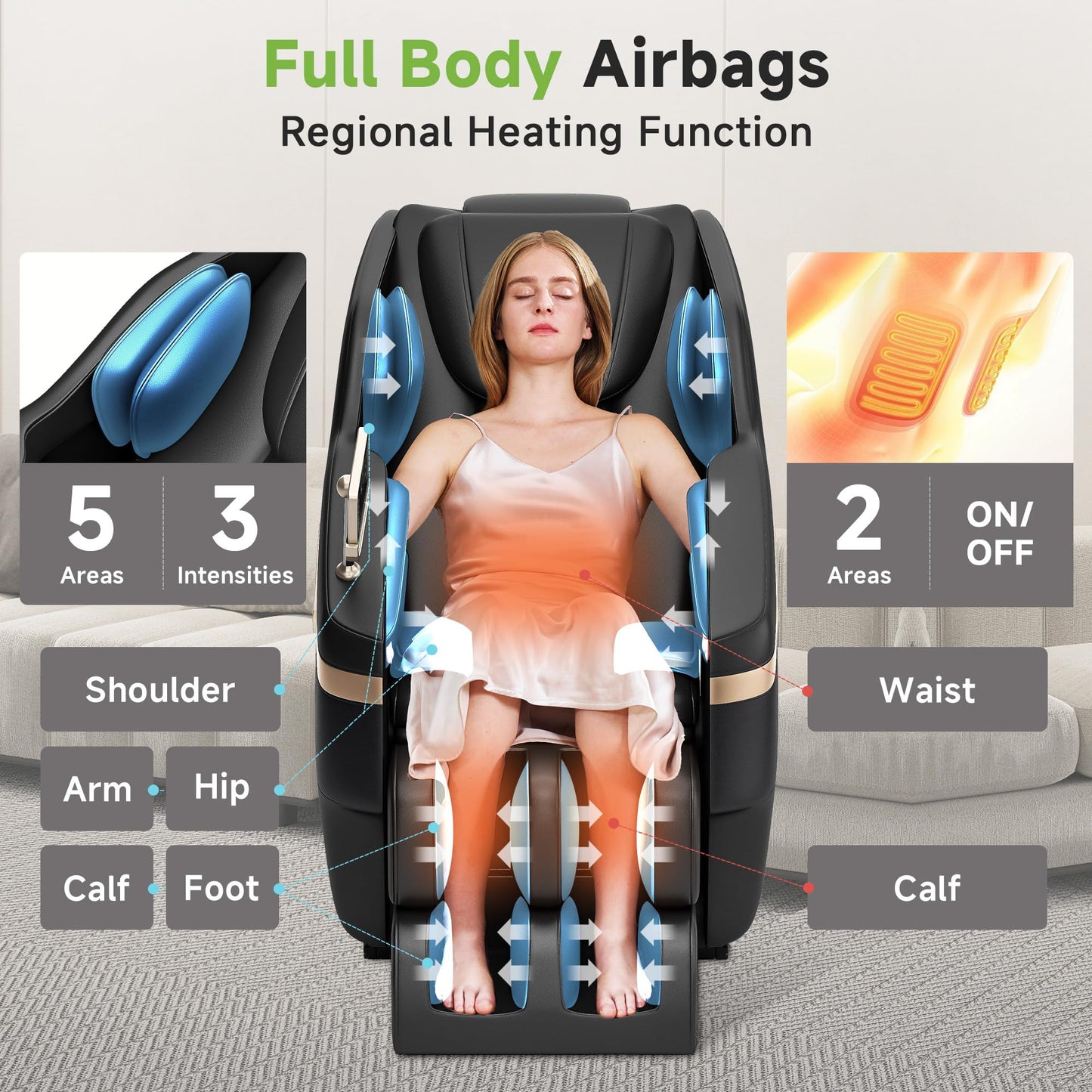 Real Relax 2025 Full Body Massage Chair, Zero Gravity Shiatsu Massage Chair Recliner, Waist and Calf Heating, Foot Massage, Bluetooth, Large Control Screen (Black and Gold)