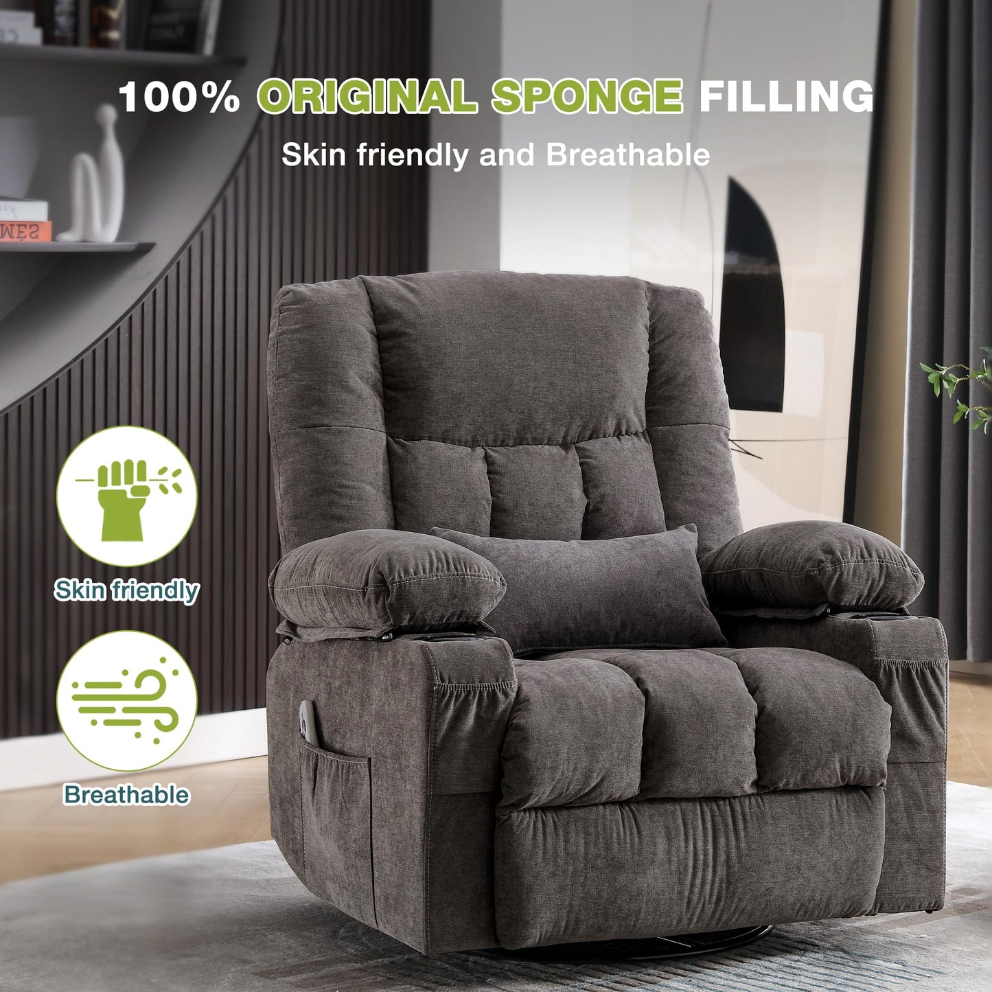 Massage Swivel Recliner Chair, Oversized Rocker Recliner with Vibration Massage and Lumbar Heat Ergonomic Rocker Chair for Living Room with Side Pocket, 2 Cup Holders, USB Charge Port