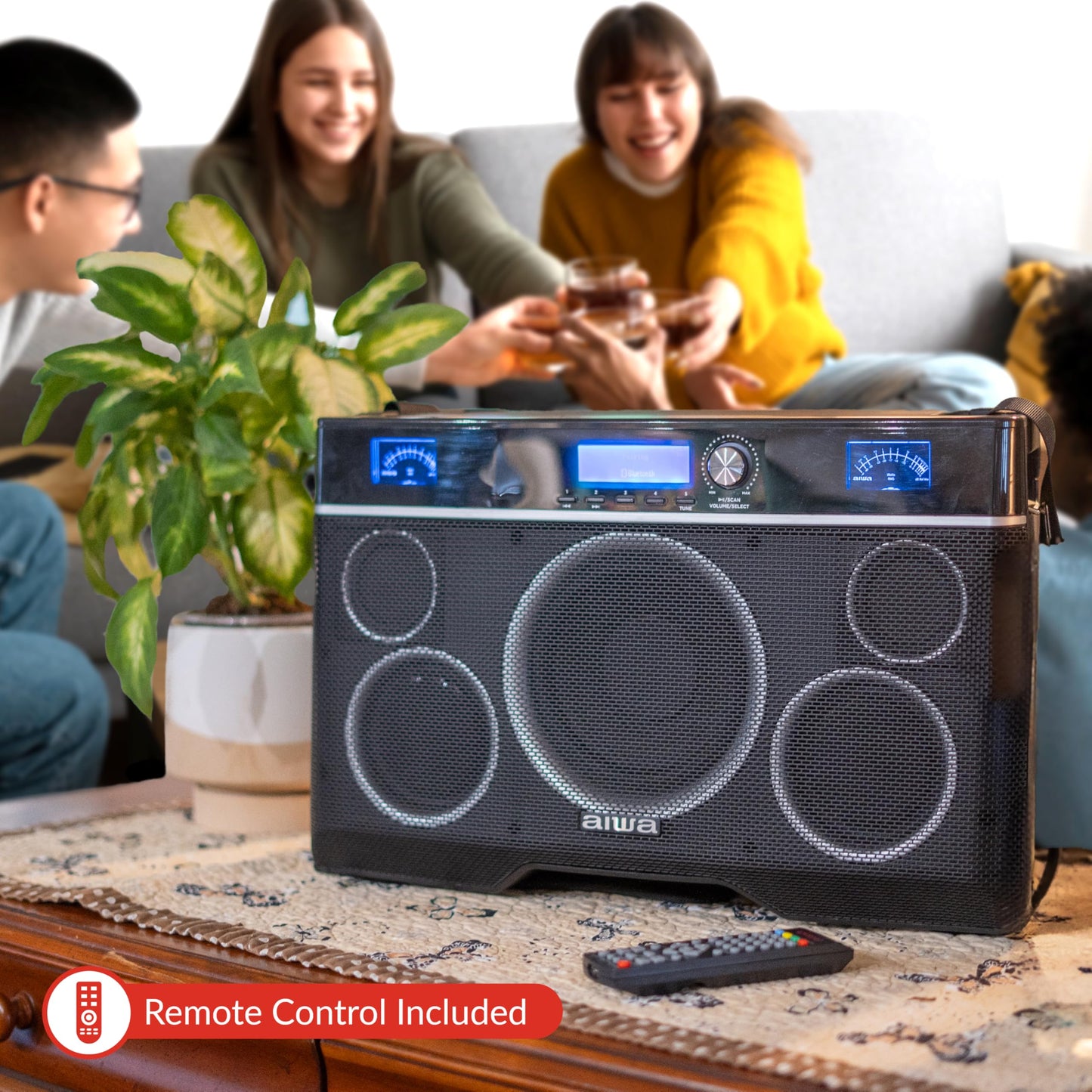 Aiwa Exos-10 Portable Bluetooth Speaker, 200W RMS Power, 6.5” Subwoofer, Deep Bass, Party Sync, Backlit Display, FM/BT/USB/AUX, Remote Control, Carry Strap, Bluetooth V5.0