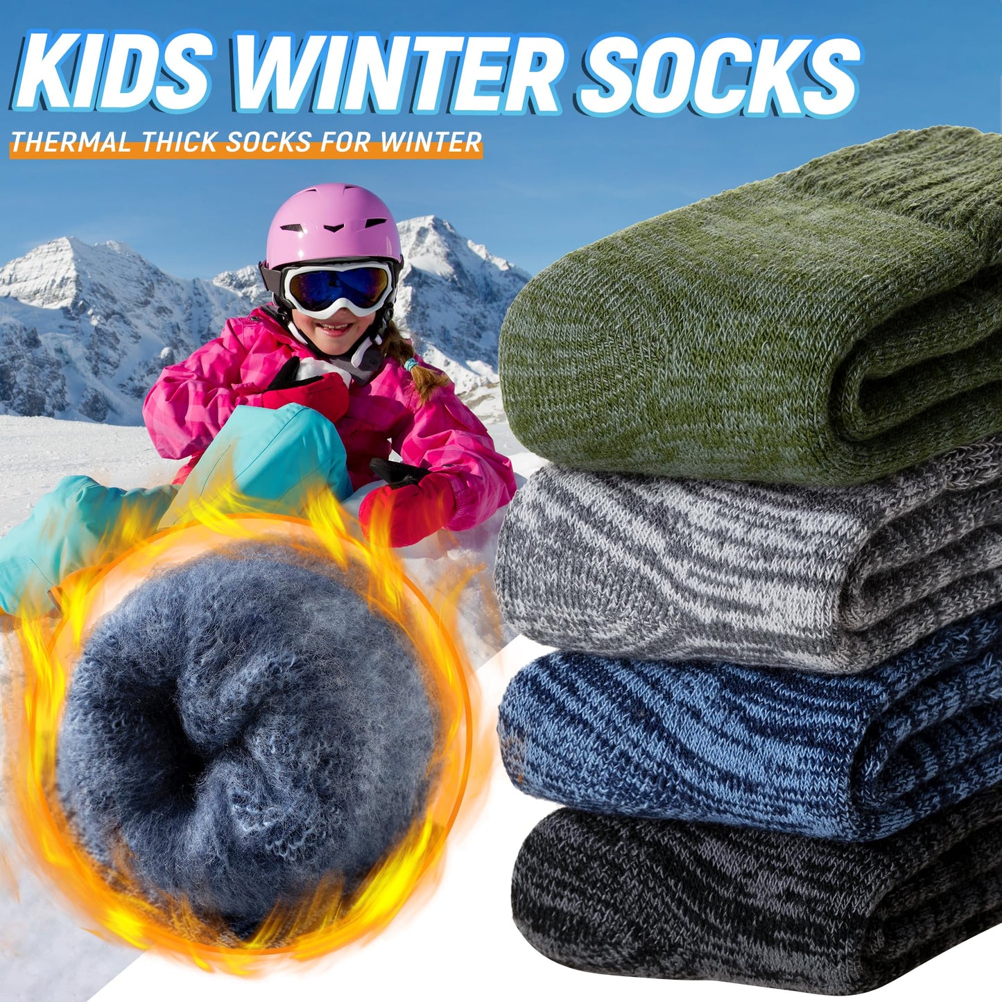 AMENLAN Kids Heated Hiking Socks Winter Children Thick Soft Warm Thermal Snowboarding Boy Girls Insulated Socks 4 Pairs (Multicolor B, 8-12 Years)