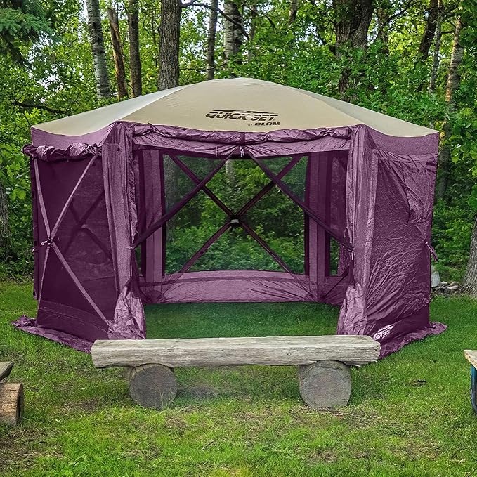 CLAM Pop Up Screen Tent, Outdoor Camping Gazebo Canopy, Pavilion, 12.5', Plum