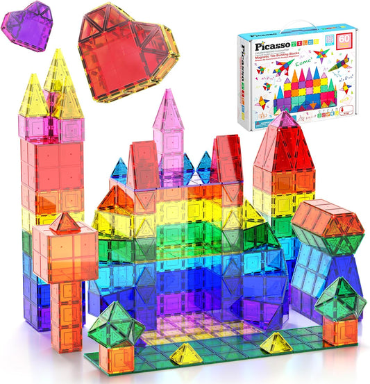 PicassoTiles 60 Piece Set 60pcs Magnet Building Tiles Clear Magnetic 3D Blocks Construction Playboards - Creativity beyond Imagination, Inspirational, Recreational, Educational, Conventional