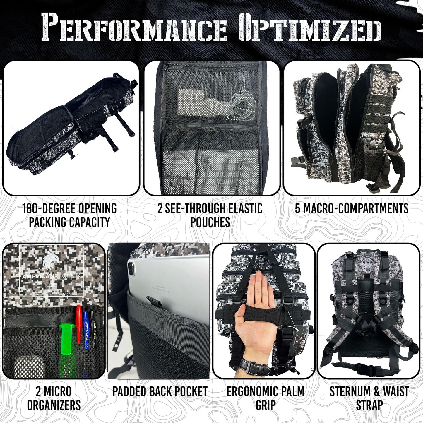AMERICANPHOENIX 45L Elite Tactical Backpack | 3X Stronger Work & Military Backpack | Water Resistant and Heavy Duty | 3 Day MOLLE Bug Out Bag (Snow Leopard)