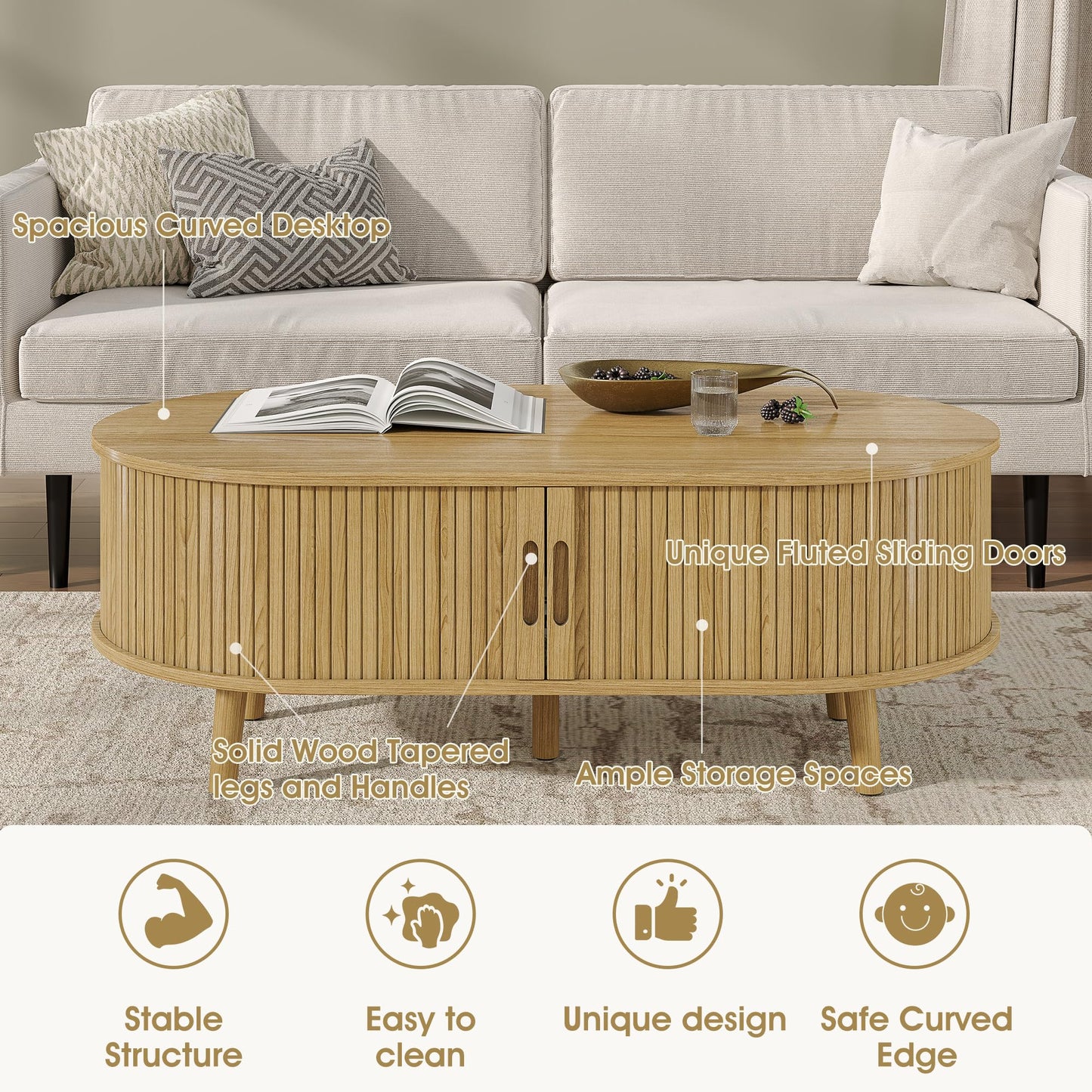 Alohappy Oval Coffee Table, Mid Century Modern Coffee Table with Sliding Tambour Door, Fluted Center Table with Hidden Storage, Curved Profile Dining Table for Living Room, Home Office,Natural Oak