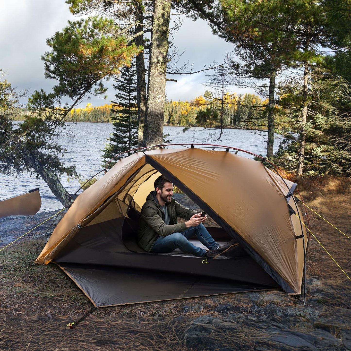 Night Cat Ultralight Backpacking Tent: Waterproof Lightweight Single People Camping Tent for Outdoor Hiking Trekking with Double Layers Aluminum Poles and Footprint 1 Person Khaki