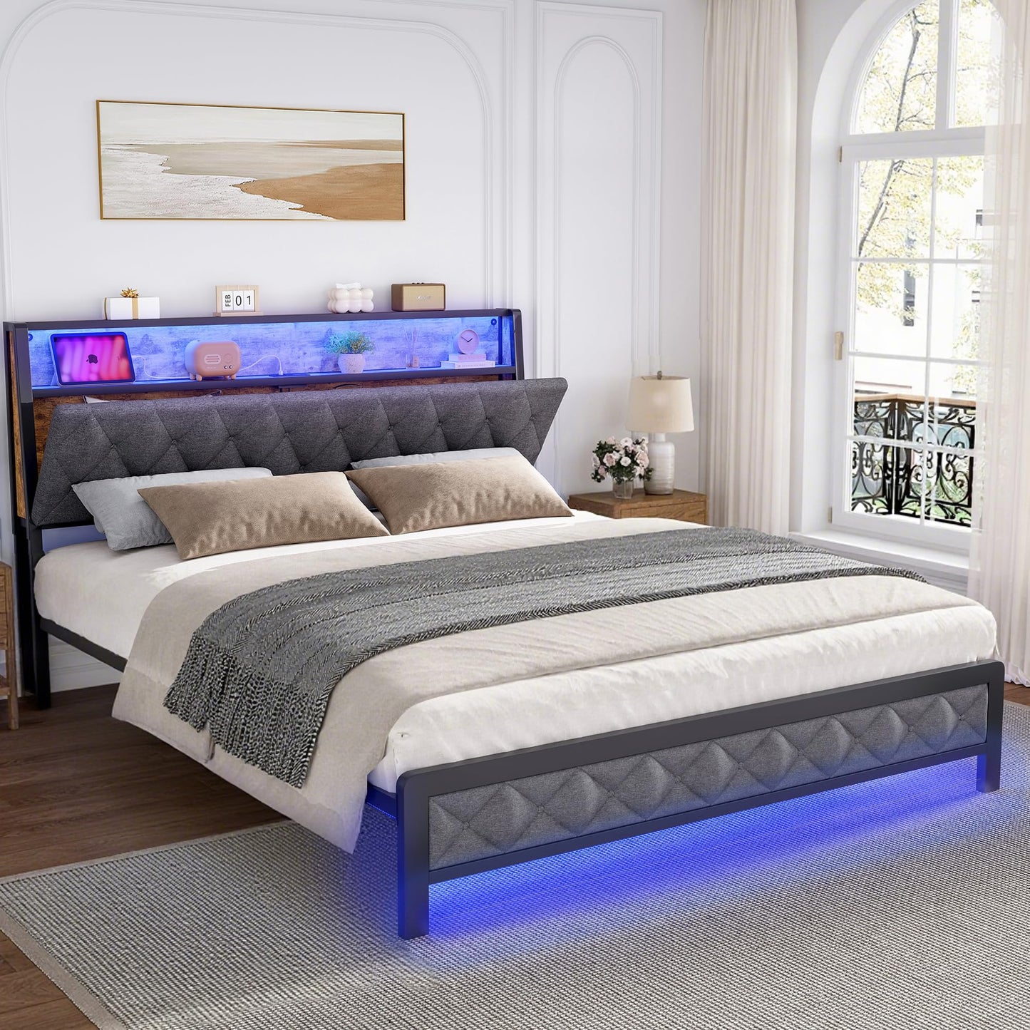Ailisite Full Size Bed Frame with Storage Headboard and Charging Station, Led Bed Frame Full Size with Charging Station, Upholstered Platform Bed Frame with Hidden Storage, Easy Assembly, Dark Grey