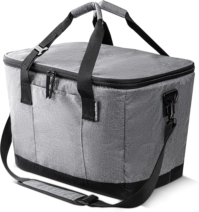 CleverMade Collapsible Cooler Bag 50 Can Beach & Travel Car Cooler, Folding Soft Cooler, Shoulder Strap, Bottle Opener Great Car Coolers for Travel, Cleans Easy, Leak Proof - Gray/Black Gray/Midnight