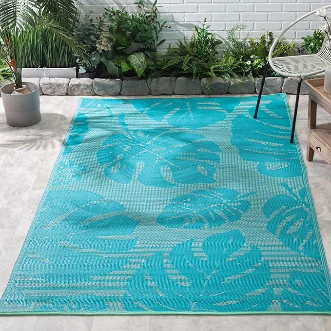FH Home Outdoor Rug - Waterproof, Fade Resistant, Reversible - Premium Recycled Plastic - Tropical, Botanical - Patio, Deck, Porch, Balcony - Hana Leaves - Blue Crease Free - 5 x 8 ft