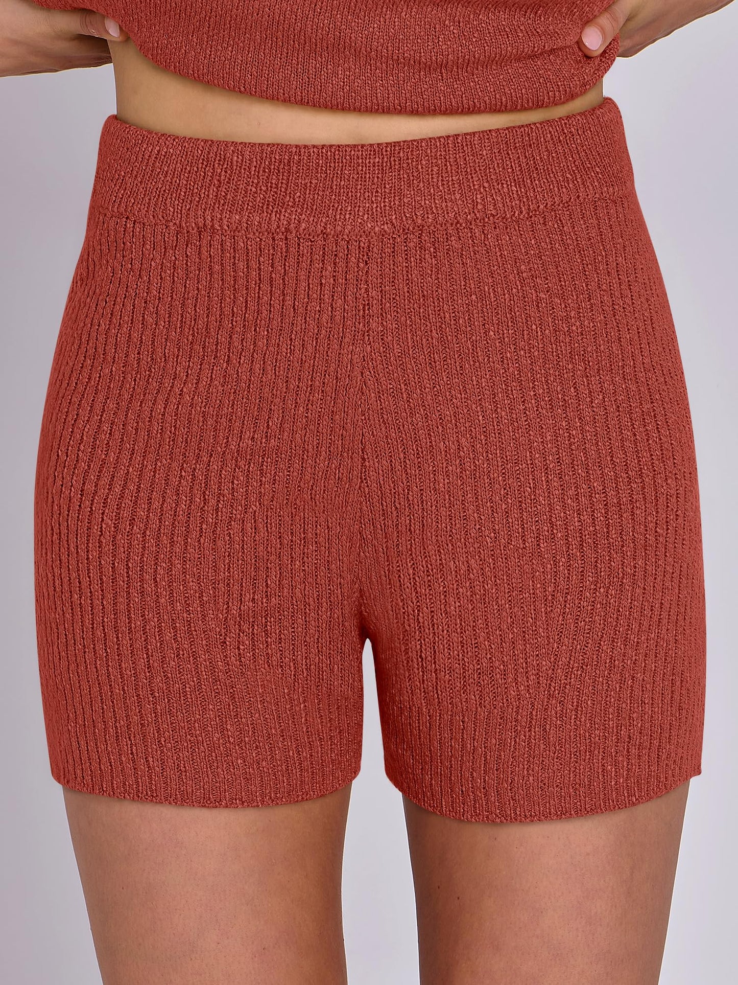 ANRABESS Women Summer 2 Piece Outfits Sleeveless Knit Sweater Top & Shorts Soft Lounge Sets Travel Beach 2024 Clothes Rust Large