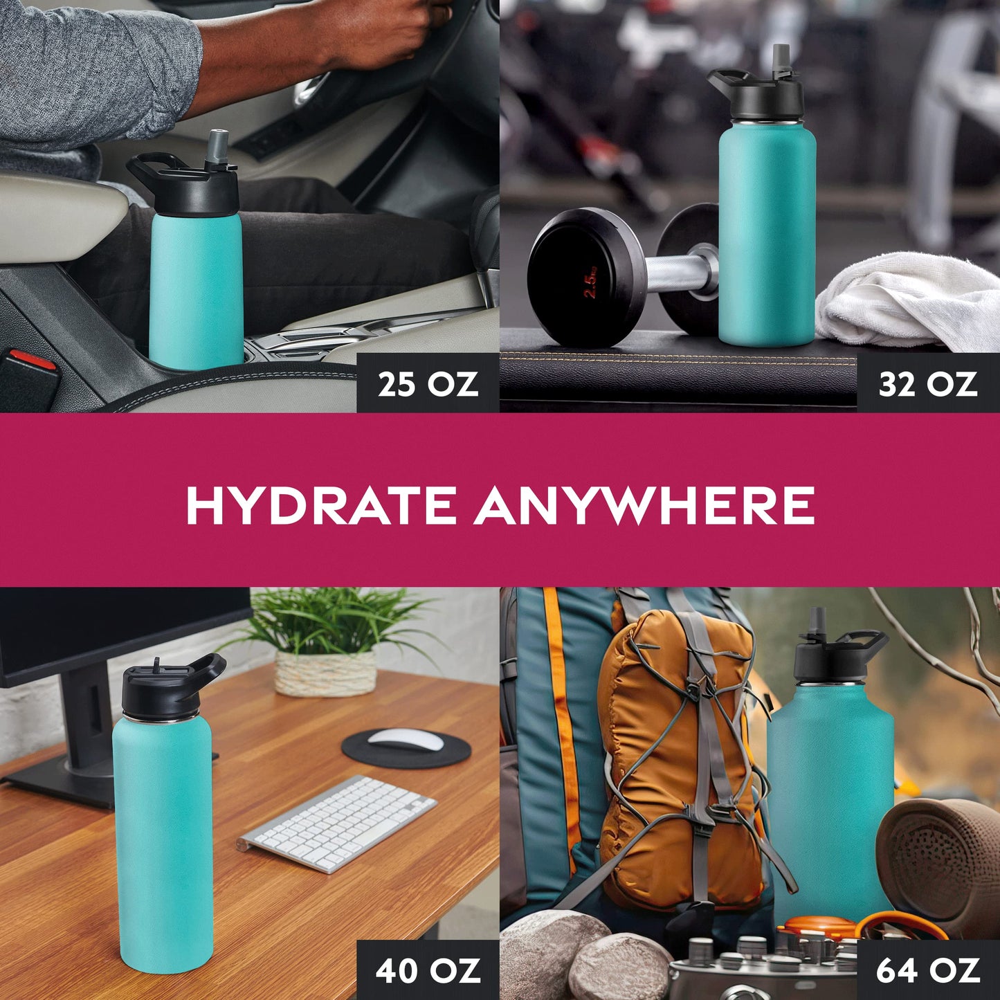 FineDine Triple Walled, Insulated Water Bottles with Straw - 25 Oz Stainless Steel Metal Bottle W/ 3 Leak Proof Lids - For Travel, School, Sports, Gym / Men, Women & Kids - Cheery Turquoise