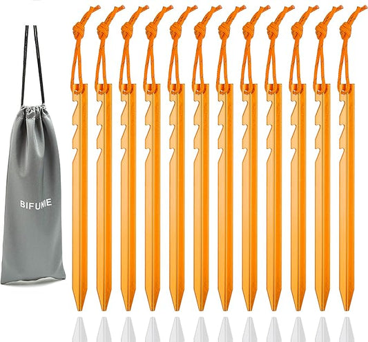 Aluminum Tent Stakes Pegs, 12-Pack Aluminum Ground Pegs with Reflective Pull Ropes, Heavy Duty Tri-Beam Metal Stakes Pegs for Backpacking Camping Tents Hammocks and Canopy