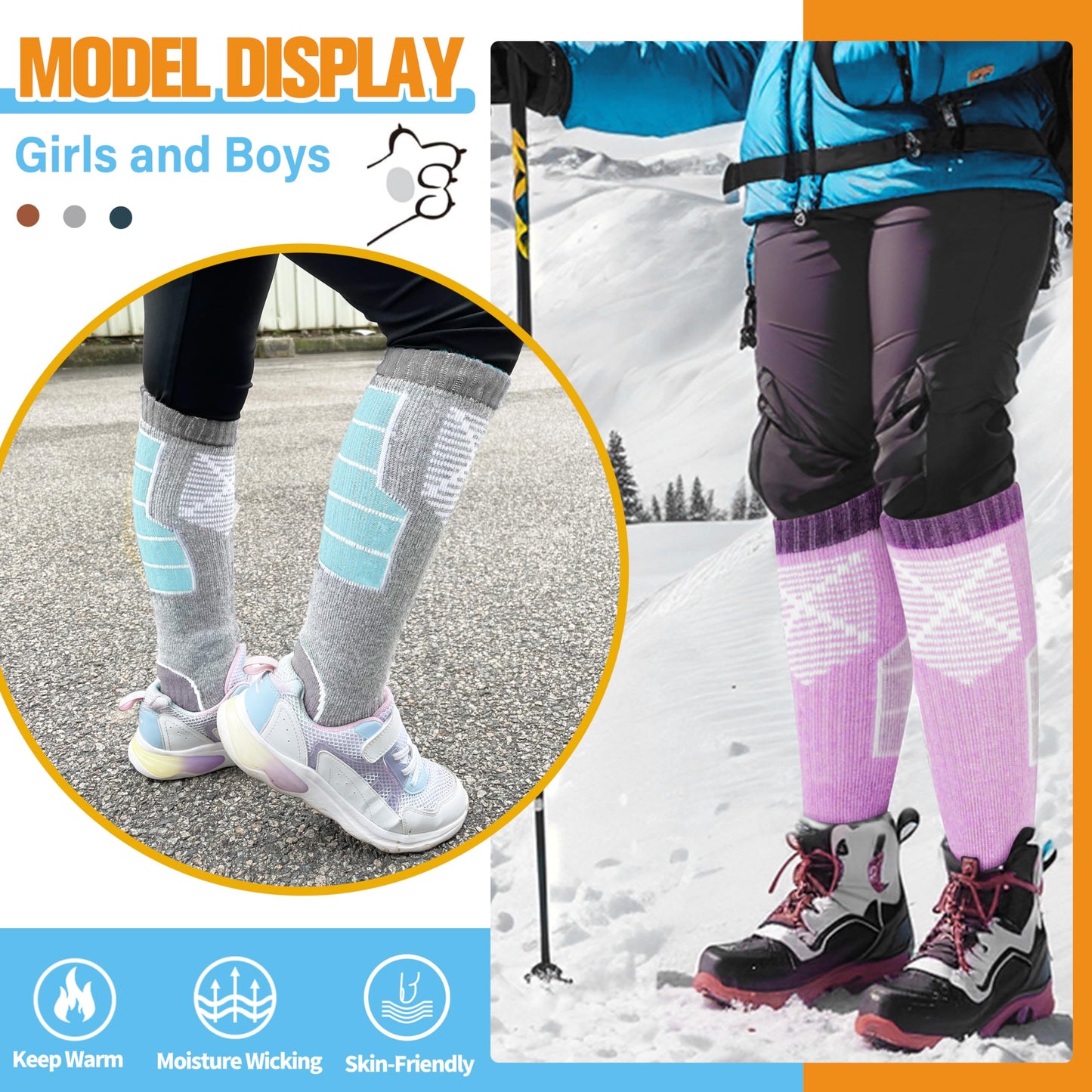 Anlisim Kids Merino Wool Ski Socks 3 Pairs Girls Boys Thermal Winter Warm Thick Breathable Socks for Skiing Snowboarding (Mixed,4-7 Years)
