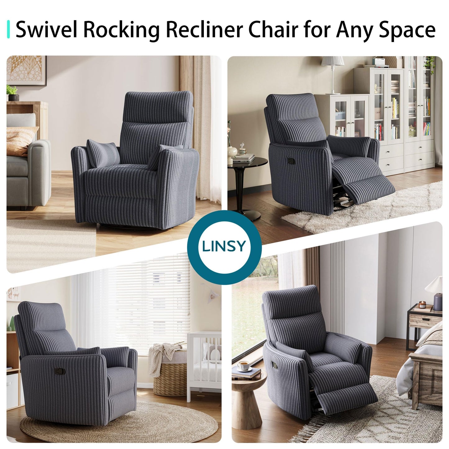 LINSY 360 Swivel Rocker Recliner - Corduroy Nursery Glider Rocking Chair with 2 Pillows, Comfy High Back Adult Recliner for Small Spaces, Nursery Bedroom Living Room Reclining Chairs (Grey)