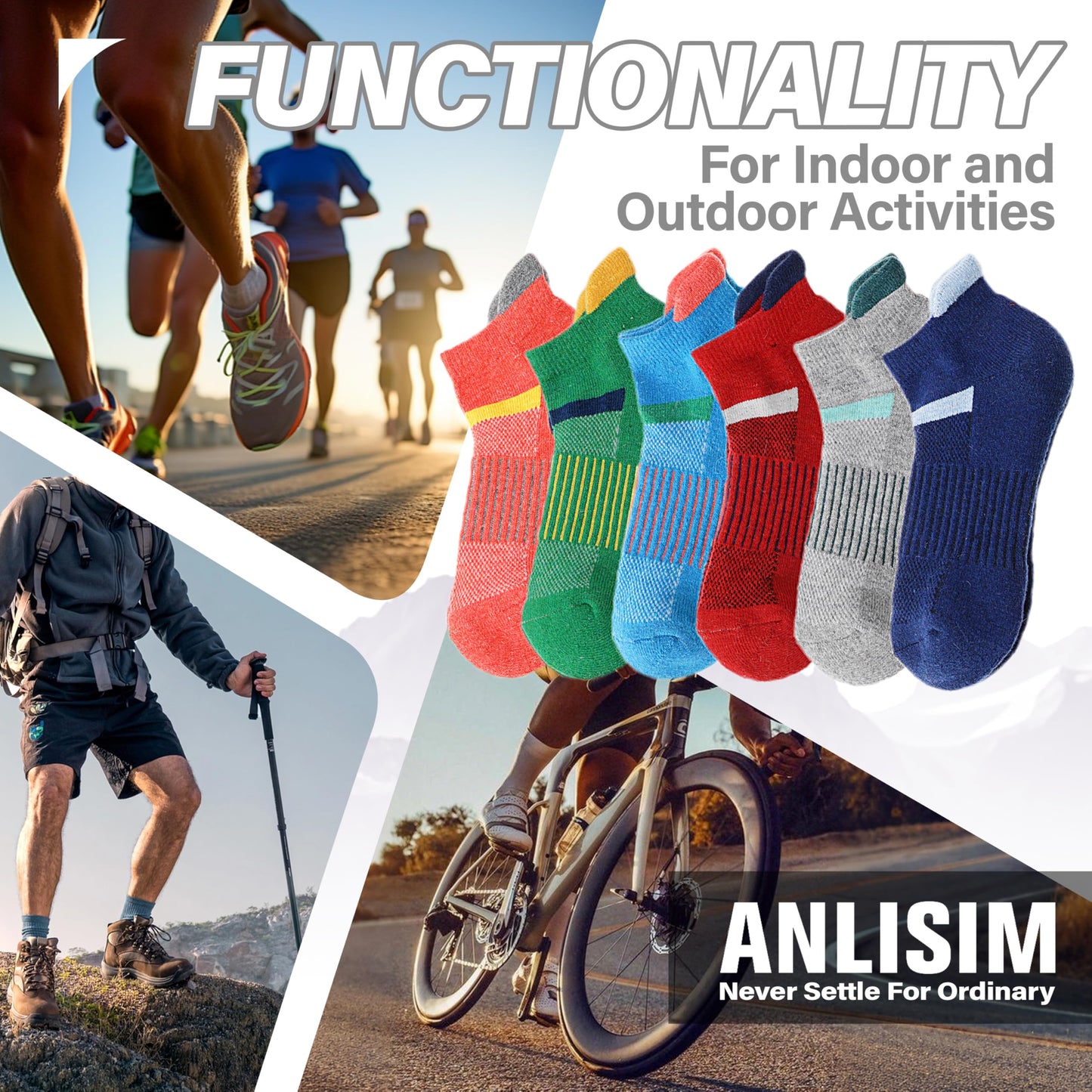 Anlisim Merino Wool Quarter Hiking Socks Compression Warm Thermal Winter Thick Cushion Running Moisture Wicking No Show Socks Gifts Stocking Stuffers for Women Men 6 Pairs(Assorted,L)