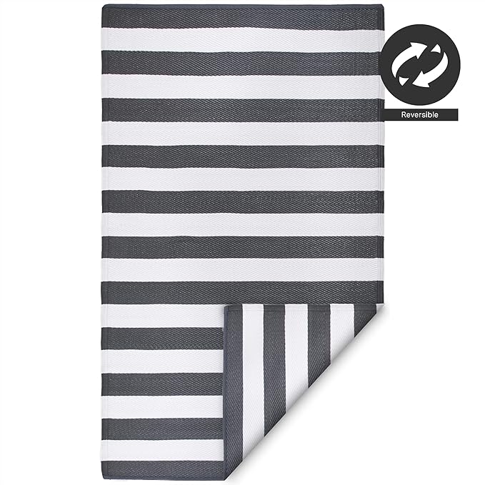 FH Home Outdoor Rug - Waterproof, Fade Resistant, Reversible - Premium Recycled Plastic - Striped - Large Patio, Deck, Sunroom, RV, Camping - Brittany Stripe - Gray & White - 9 x 12 ft Foldable