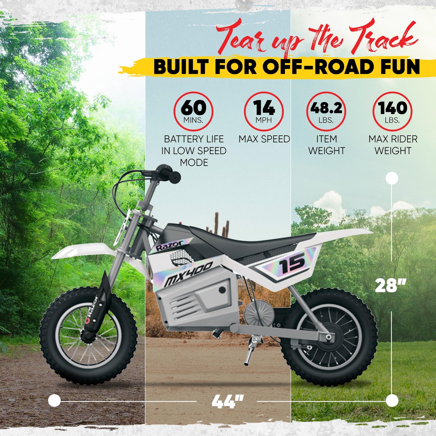 Razor MX400 Dirt Rocket - Electric-Powered Dirt Bike for Kids 8+, Up to 14 MPH, High/Low Speed Switch, Up to 60 Minutes Ride Time