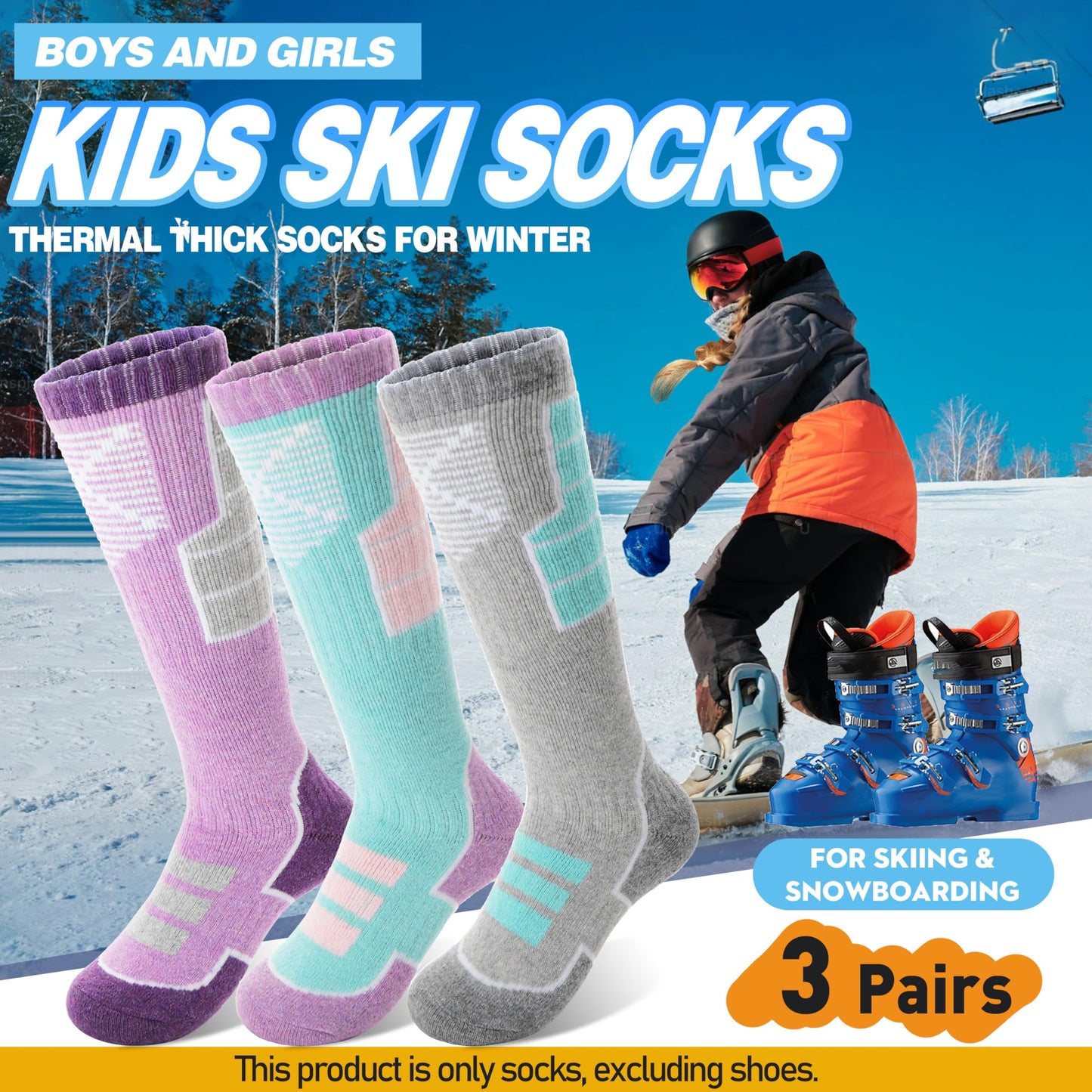 Anlisim Kids Merino Wool Ski Socks 3 Pairs Girls Boys Thermal Winter Warm Thick Breathable Socks for Skiing Snowboarding (Mixed,4-7 Years)