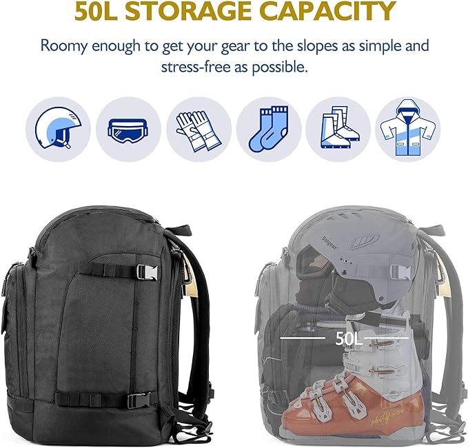 Unigear Ski Boot Bag Backpack for Helmet 50L/70L, Goggles, Gloves, Skis, Snowboard & Accessories (Black)