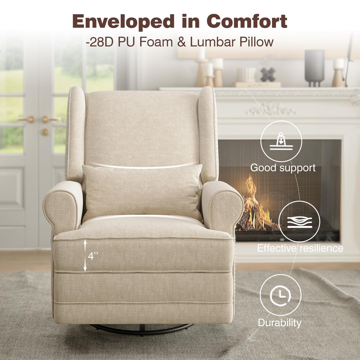 RoyalCraft Swivel Recliner Chair with Extra Large Footrest, Comfy Upholstered Glider Rocking Chair for Living Room, Bedroom and Ofice, Beige