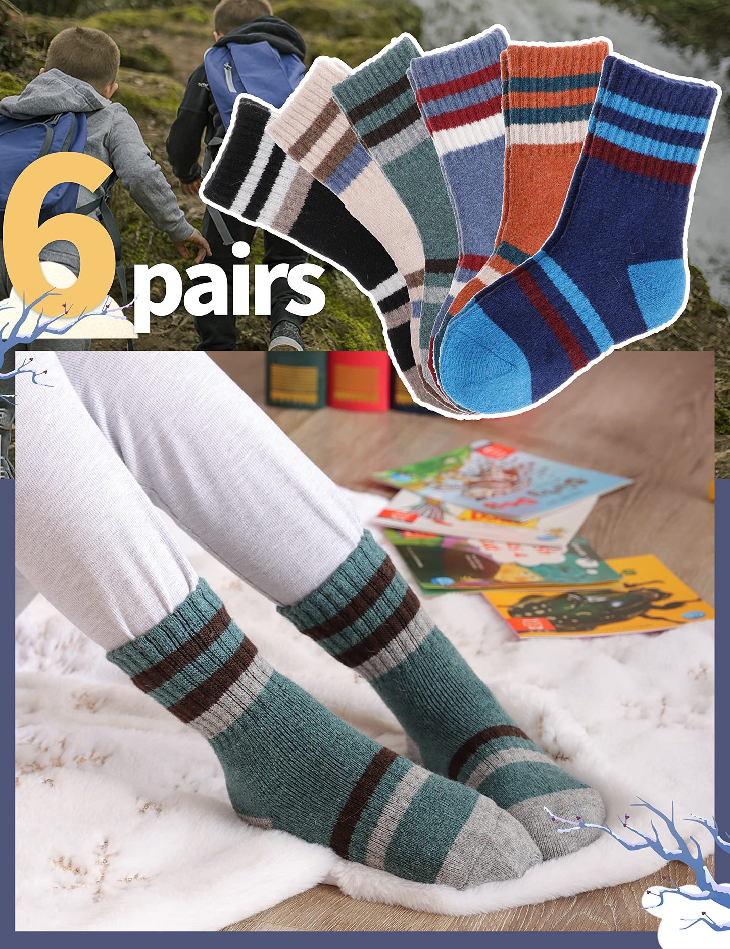 Anlisim Kids Merino Wool Hiking Socks Boys Girls Toddlers Thermal Winter Warm Boot Thick Cushion Snow Ski Gift Stocking Stuffer Socks 6 Pairs (Stripe, 12-15 Y)