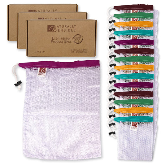 The Original Eco Friendly See Through Washable and Reusable Produce Bags - Soft Premium Lightweight Nylon Mesh Large - 12x14in - Set of 5 (Red, Yellow, Green, Blue, Purple)