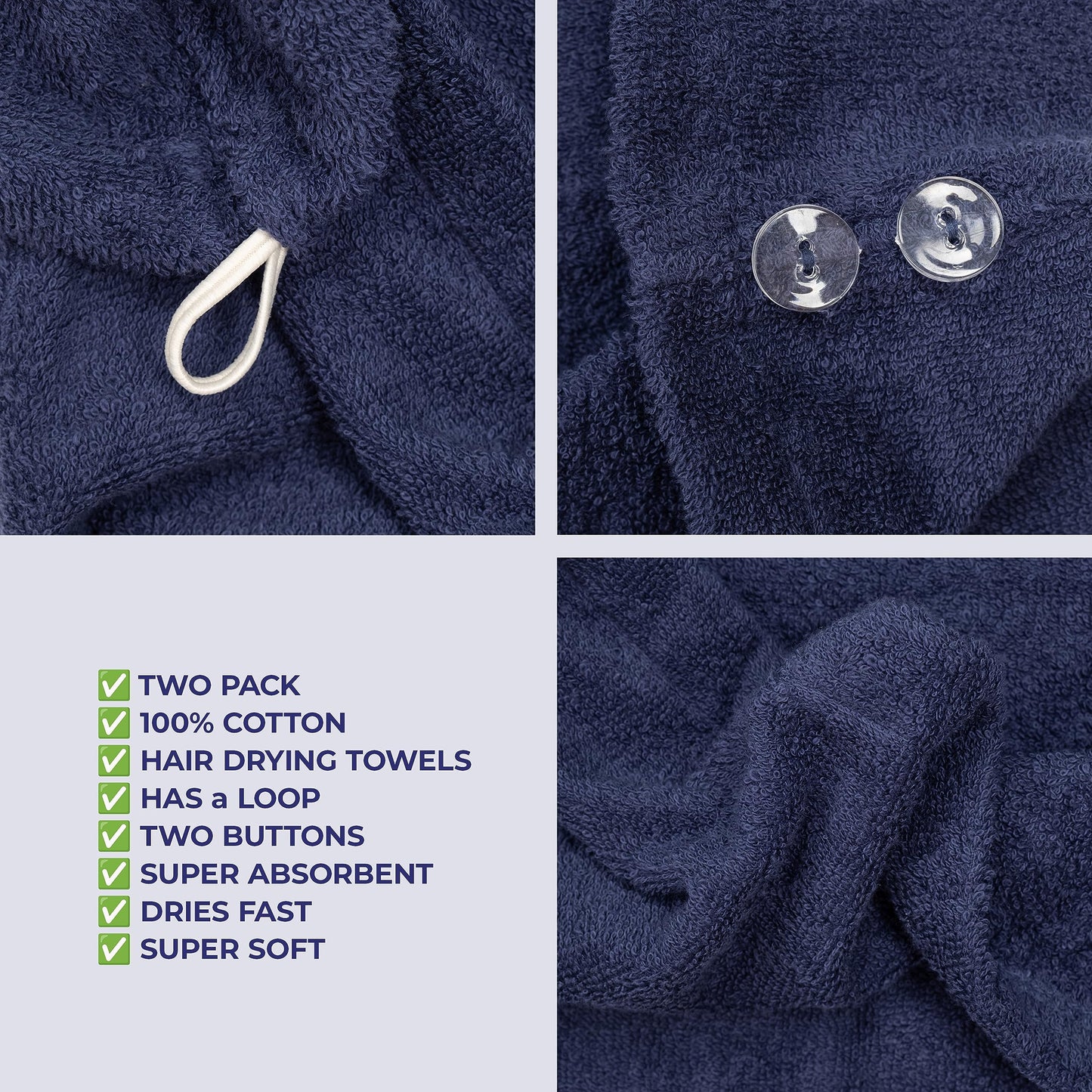 American Soft Linen 100% Cotton Hair Towels for Women, Head Towel Cap, Cotton Hair Turban Towel Wrap for Long Curly Anti Frizz Hair, Soft and Absorbent Cotton Hair Towels 2 Pack, Navy Blue