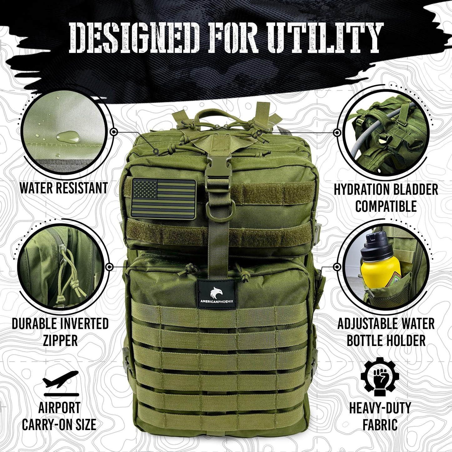AMERICANPHOENIX 45L Elite Tactical Backpack | 3X Stronger Work & Military Backpack | Water Resistant and Heavy Duty | 3 Day MOLLE Bug Out Bag (Olive Green)