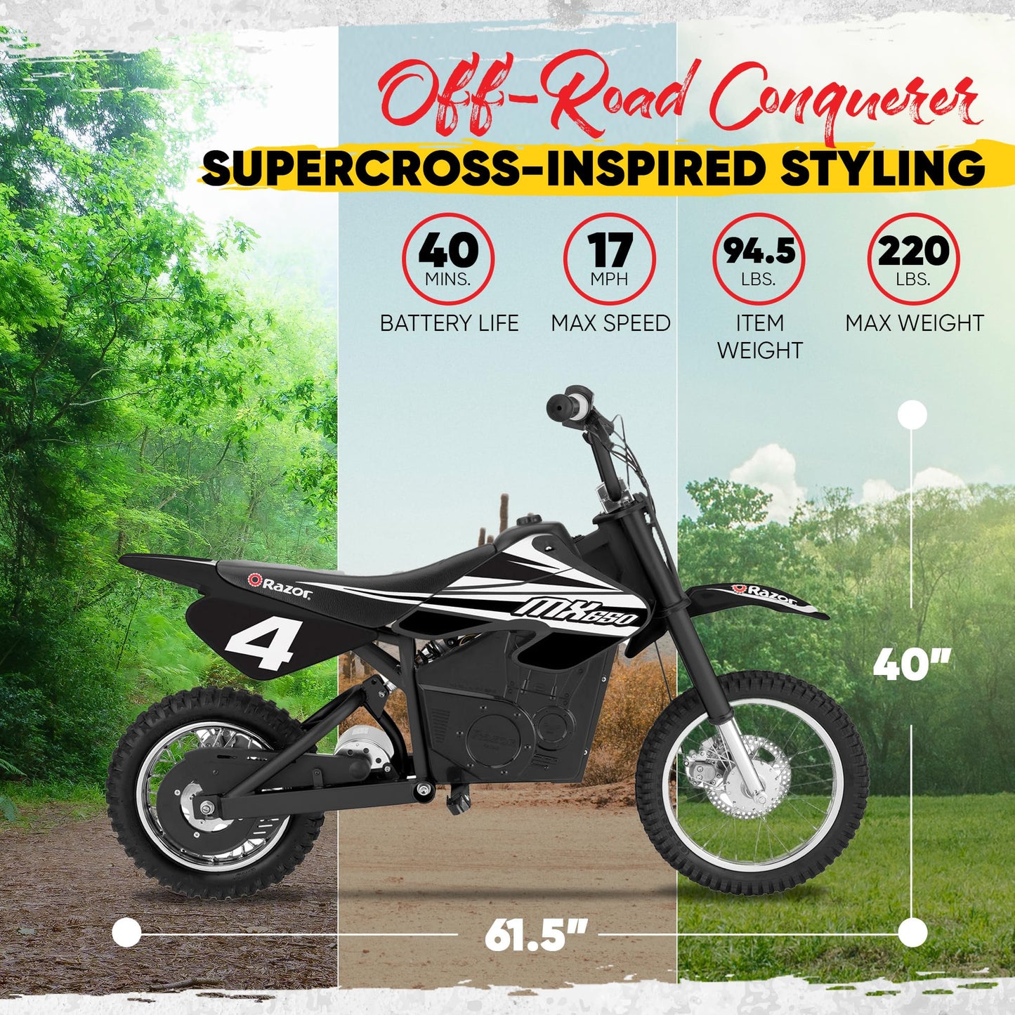 Razor MX650 Dirt Rocket Off-Road Motocross Bike–36V Electric Ride-On, Up to 17 mph, Front & Rear Suspension, Hand-Operated DualBrakes, Twist Grip Throttle, Authentic Motocross Bike Geometry