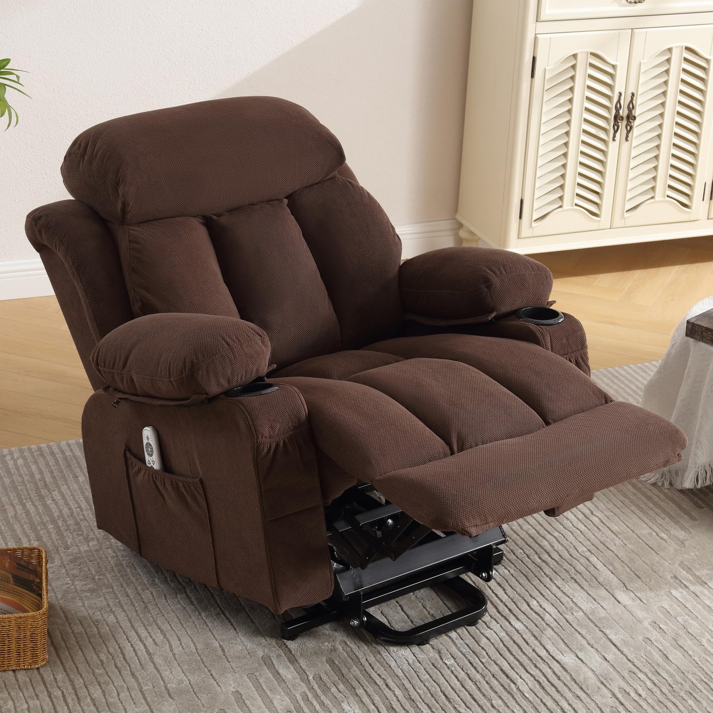 BOSMILLER Power Lift Recliner Chair with Heat and Massage Electric Fabric Recliner Chair for Elderly with Side Pocket, USB Charge Port, Remote Control for Living Room (Deep Brown)