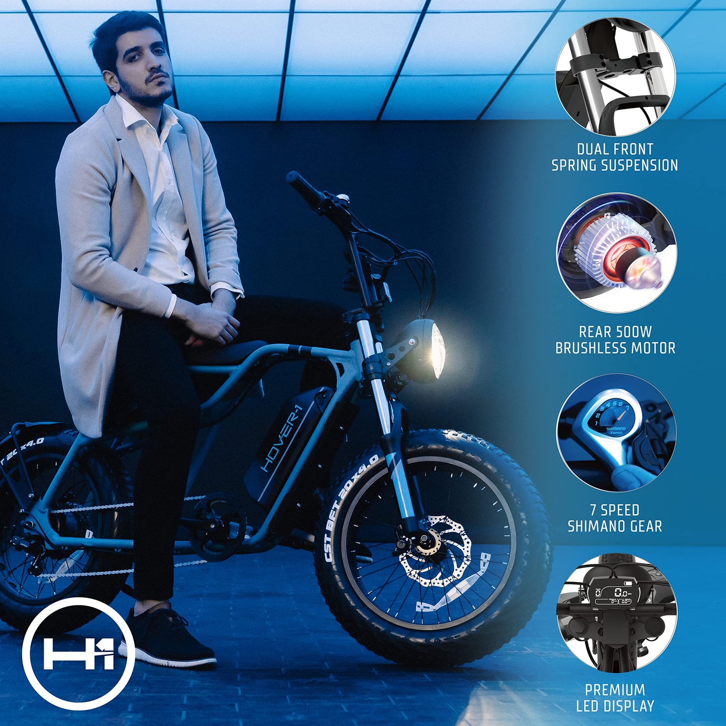 Hover-1 Pro Series Altai R500 Electric Bicycle with 28 mph Max Speed, 500W Motor, Average Range of 60 Miles and 20” Fat Tires Electric Bike for Adults & Teens