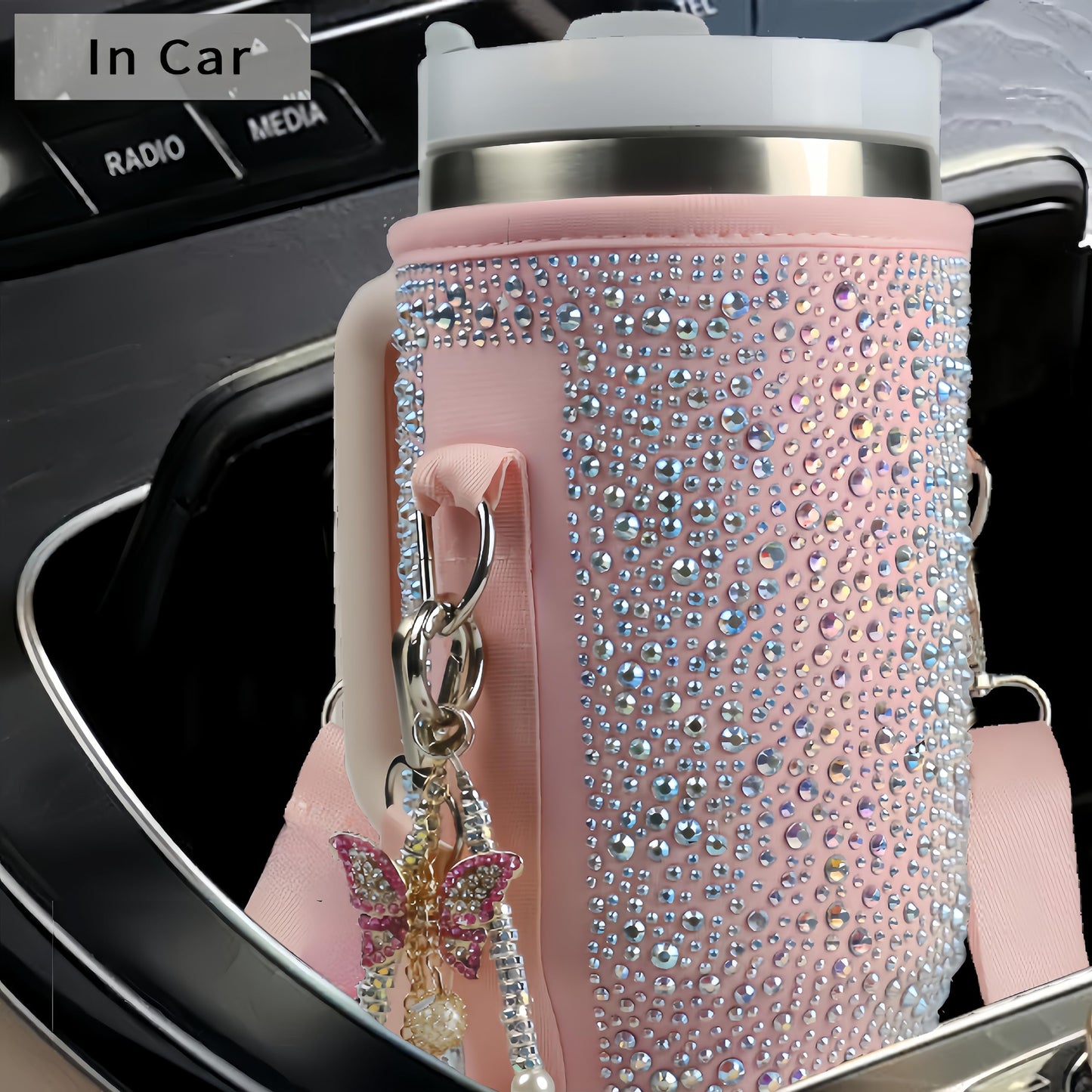 Water Bottle Carrier Bag for 40oz Tumbler - Cup Belt Bag with Adjustable Strap, Straw Cover & Pearl Bracelet - Cup Accessories(Pink Diamond Pro)
