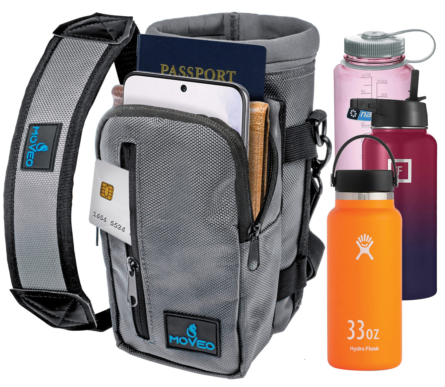 Water Bottle Holder/Carrier, Insulated w/Adjustable Shoulder Strap & Front Pockets - Comfortable Crossbody Water Bottle Holder - Water Bottle Sling Fits 25oz to 40oz Bottles