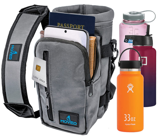 Water Bottle Holder/Carrier, Insulated w/Adjustable Shoulder Strap & Front Pockets - Comfortable Crossbody Water Bottle Holder - Water Bottle Sling Fits 25oz to 40oz Bottles