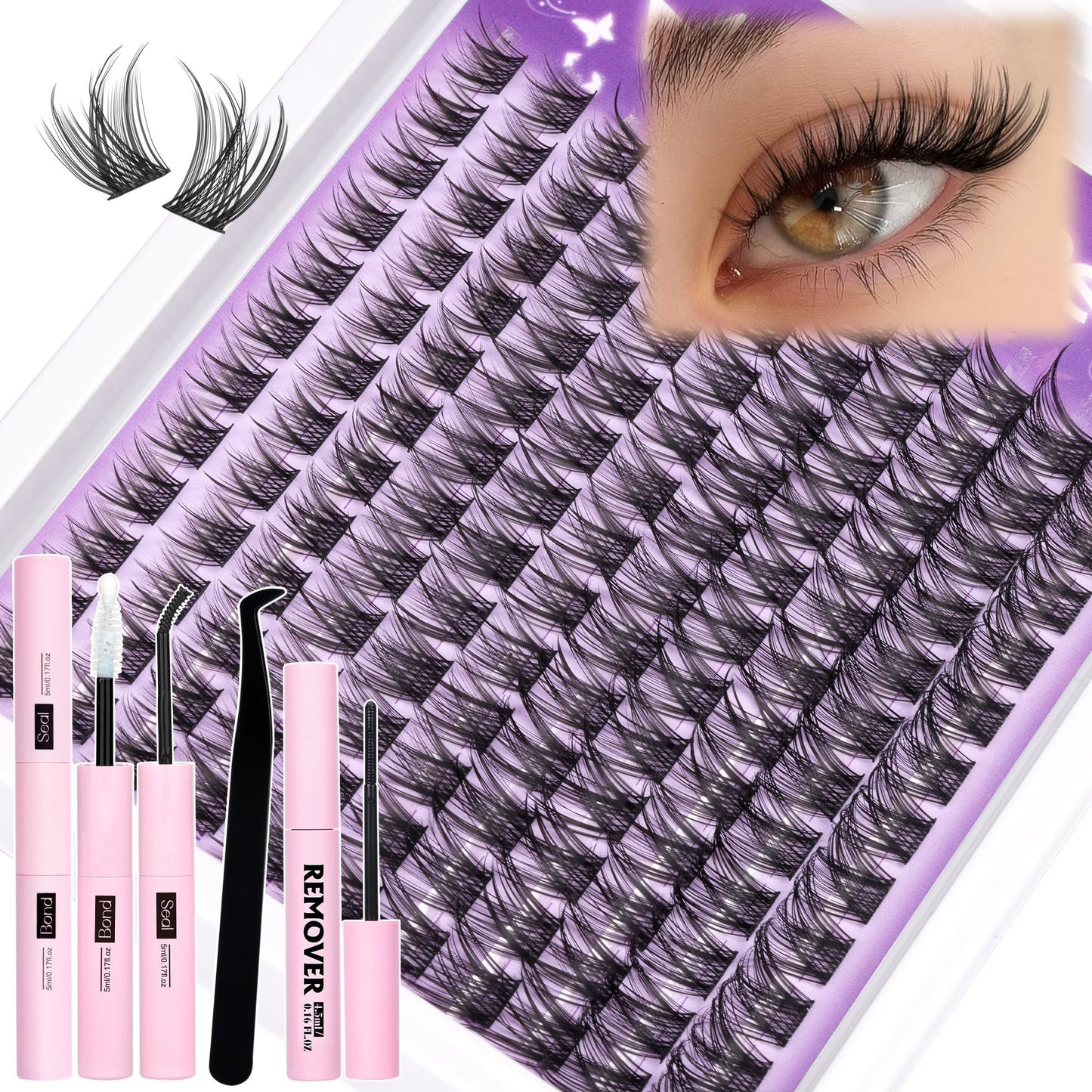Natural Lash Clusters Kit Wispy Eyelash Clusters CC Curl Cluster Eyelash Extensions 132 pcs Individual Lash Extensions DIY Lash Extension Kit with Lash Bond and Seal and Remover Lash Kit by Mavphnee