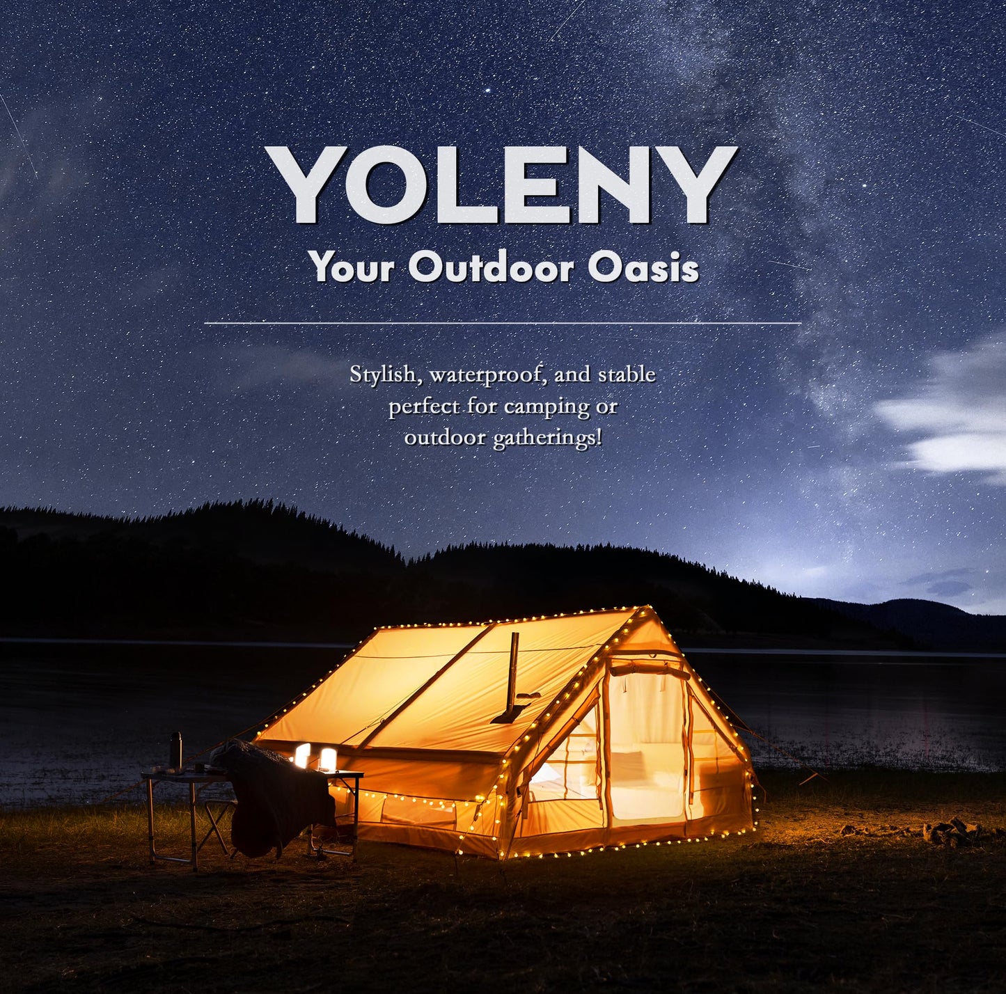 YOLENY Large Inflatable Tent for 8-10 Person, Waterproof Blow Up Camping Tent, Easy Setup 130 Square Glamping Cabin with Mesh & Chimney Windows