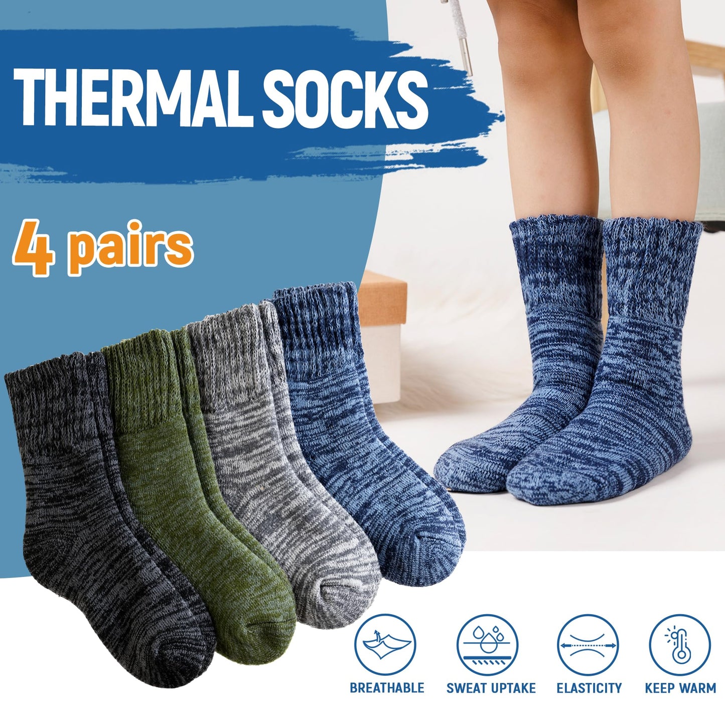 AMENLAN Kids Heated Hiking Socks Winter Children Thick Soft Warm Thermal Snowboarding Boy Girls Insulated Socks 4 Pairs (Multicolor B, 8-12 Years)