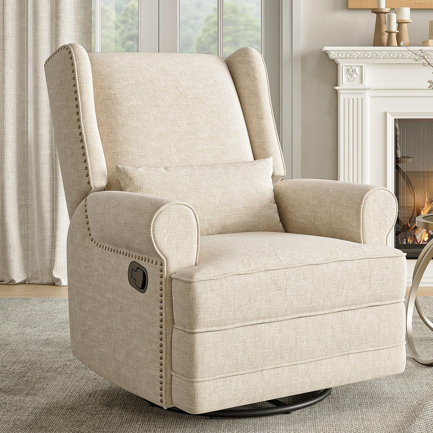 RoyalCraft Swivel Recliner Chair with Extra Large Footrest, Comfy Upholstered Glider Rocking Chair for Living Room, Bedroom and Ofice, Beige