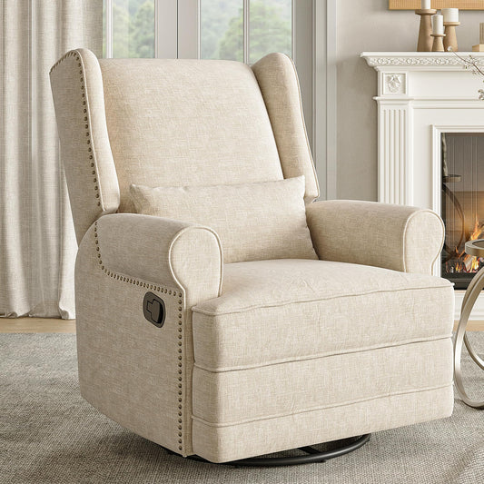 RoyalCraft Swivel Recliner Chair with Extra Large Footrest, Comfy Upholstered Glider Rocking Chair for Living Room, Bedroom and Ofice, Beige