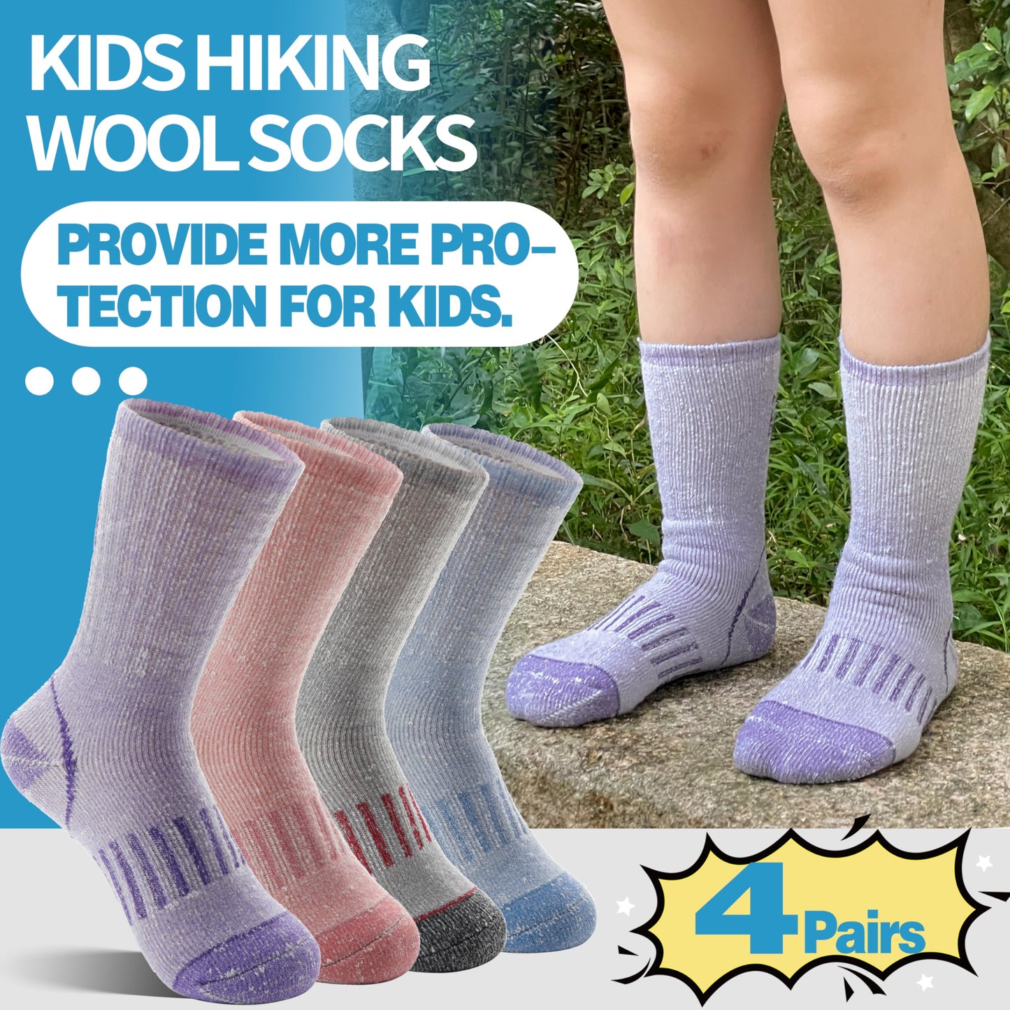 Anlisim Kids Merino Wool Hiking Socks Boys Girls Thermal Winter Warm Boot Thick Snowboarding Socks 4 Pairs for Teen(Four Mix,8-12 Y)