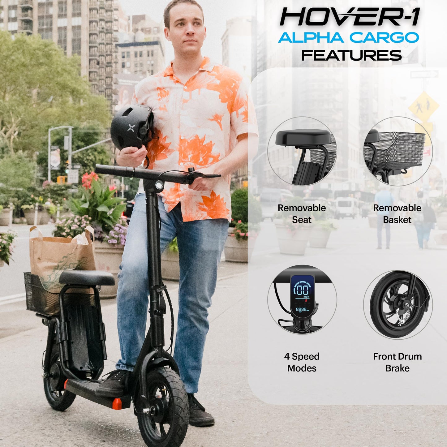 Hover-1 Alpha Cargo Foldable Electric Scooter with 300W Brushless Motor, 16 mph Max Speed, 12” Tires, and 15 Mile Range Commuter Scooter for Adults & Teens