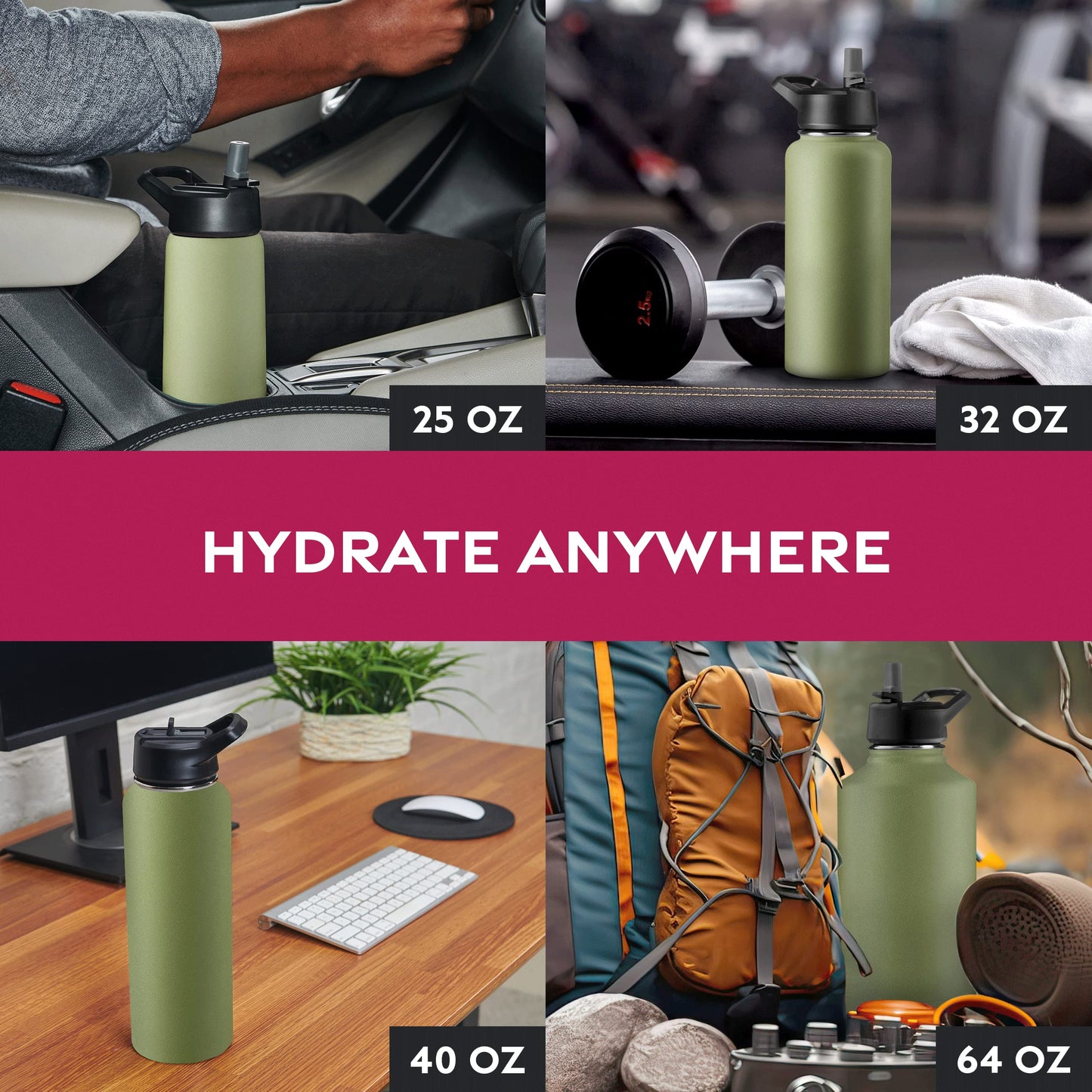 FineDine Triple Walled, Insulated Water Bottles with Straw - 32 Oz Stainless Steel Metal Bottle W/ 3 Leak Proof Lids - For Travel, School, Sports, Gym / Men, Women & Kids - Army Green