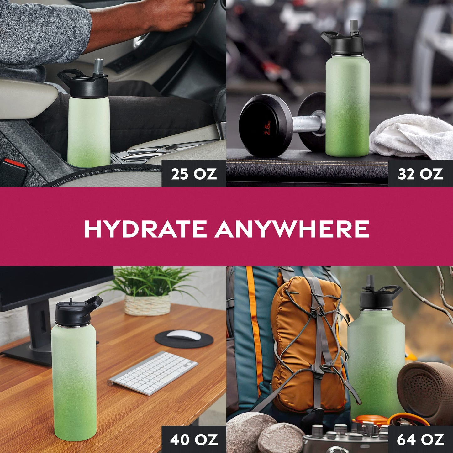 FineDine Triple Walled, Insulated Water Bottles with Straw - 25 Oz Stainless Steel Metal Bottle W/ 3 Leak Proof Lids - For Travel, School, Sports, Gym / Men, Women & Kids - Dreamy Green