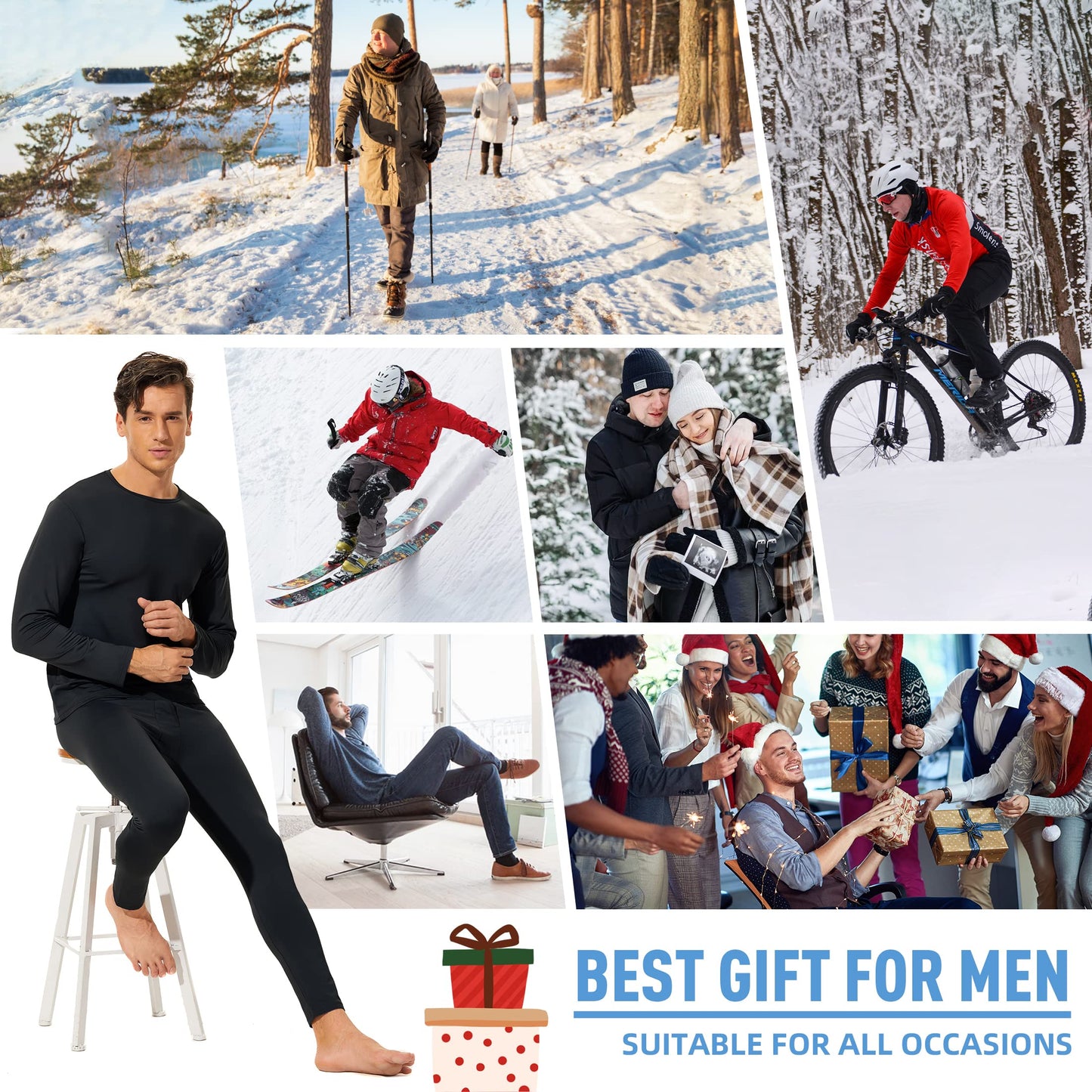 American Trends Mens Thermal Underwear Ultra Soft Long Johns with Fleece Lined Base Layer White 2XL