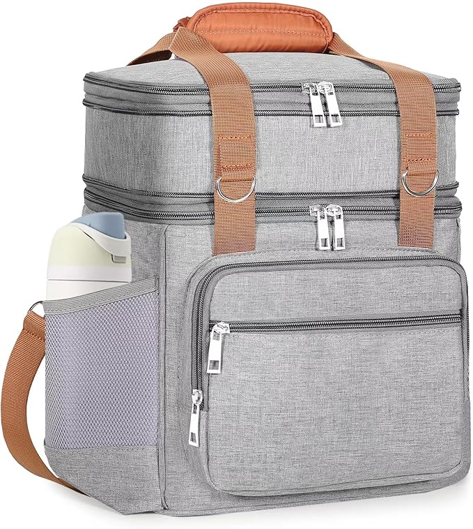 GLENKEY Double Deck Insulated Lunch Box, Expandable Large Lunch Bag Leakproof Cooler Bag Lunch Pail for Men Women Adults Work Shifts Travel Daytrip, Grey
