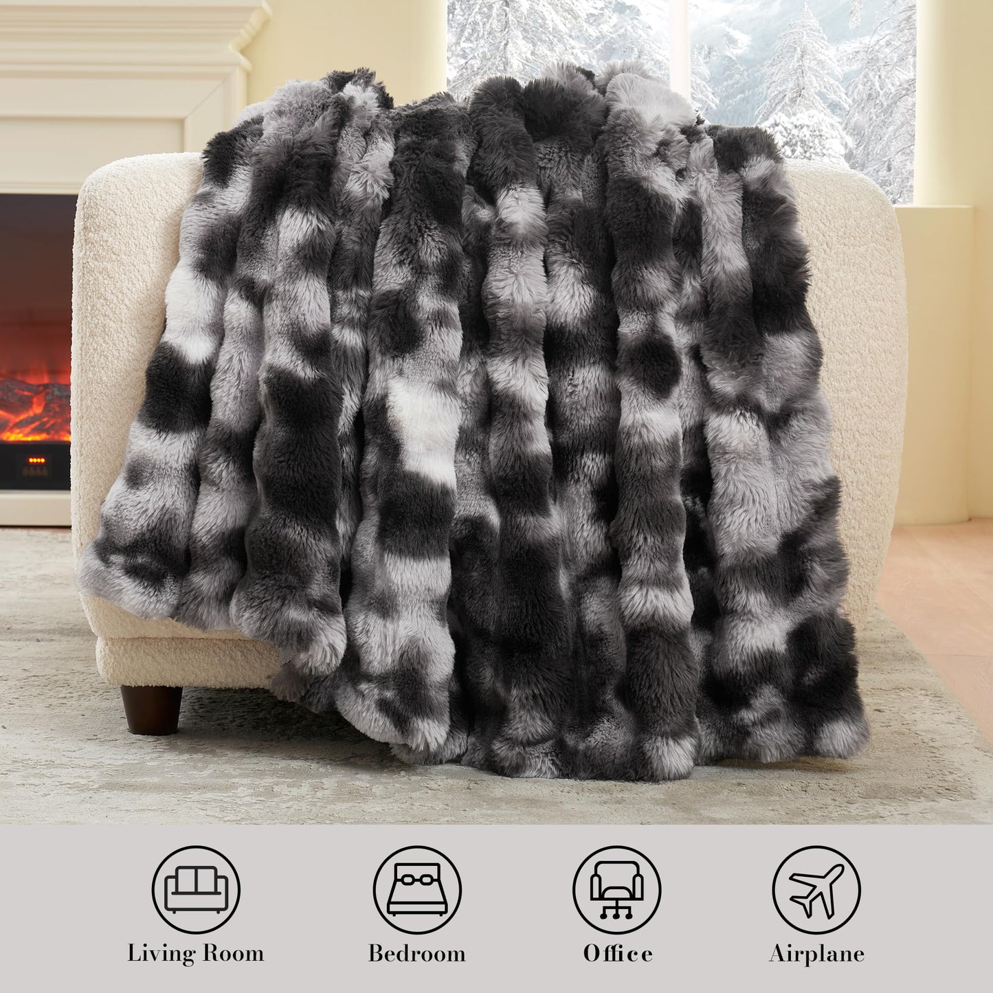 Amélie Home Faux Fur Throw Blanket for Couch, Fuzzy Soft Plush Thick Bubble Blanket for Sofa Bedroom Living Room, 50"x60" Inches, Tie-dye Black